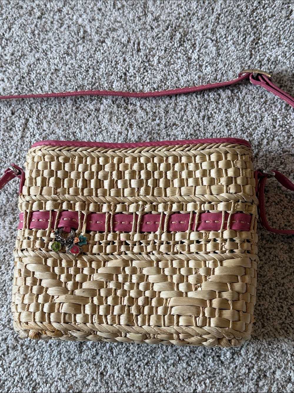 Brighton Natural Woven Crossbody with Pink Trim